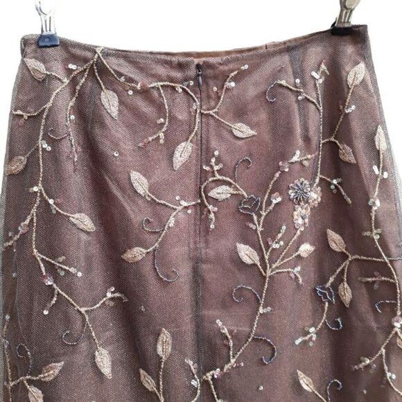 Vtg Rickie Freeman Skirt Formal Overlay Floral Beaded Embroidered Brown Sz 6 - Picture 9 of 11